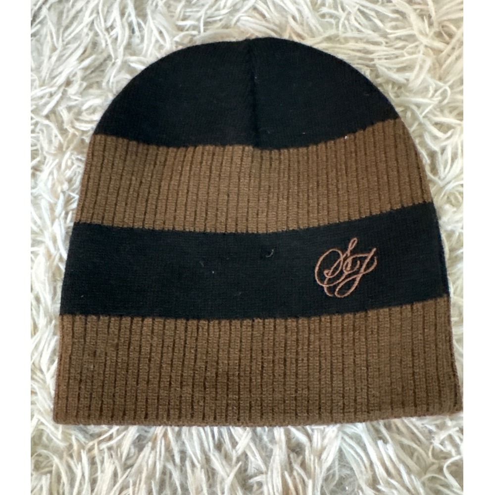 Vintage y2k Sean John Striped Knit Beanie Hat Black Brown‎ Mens One Size